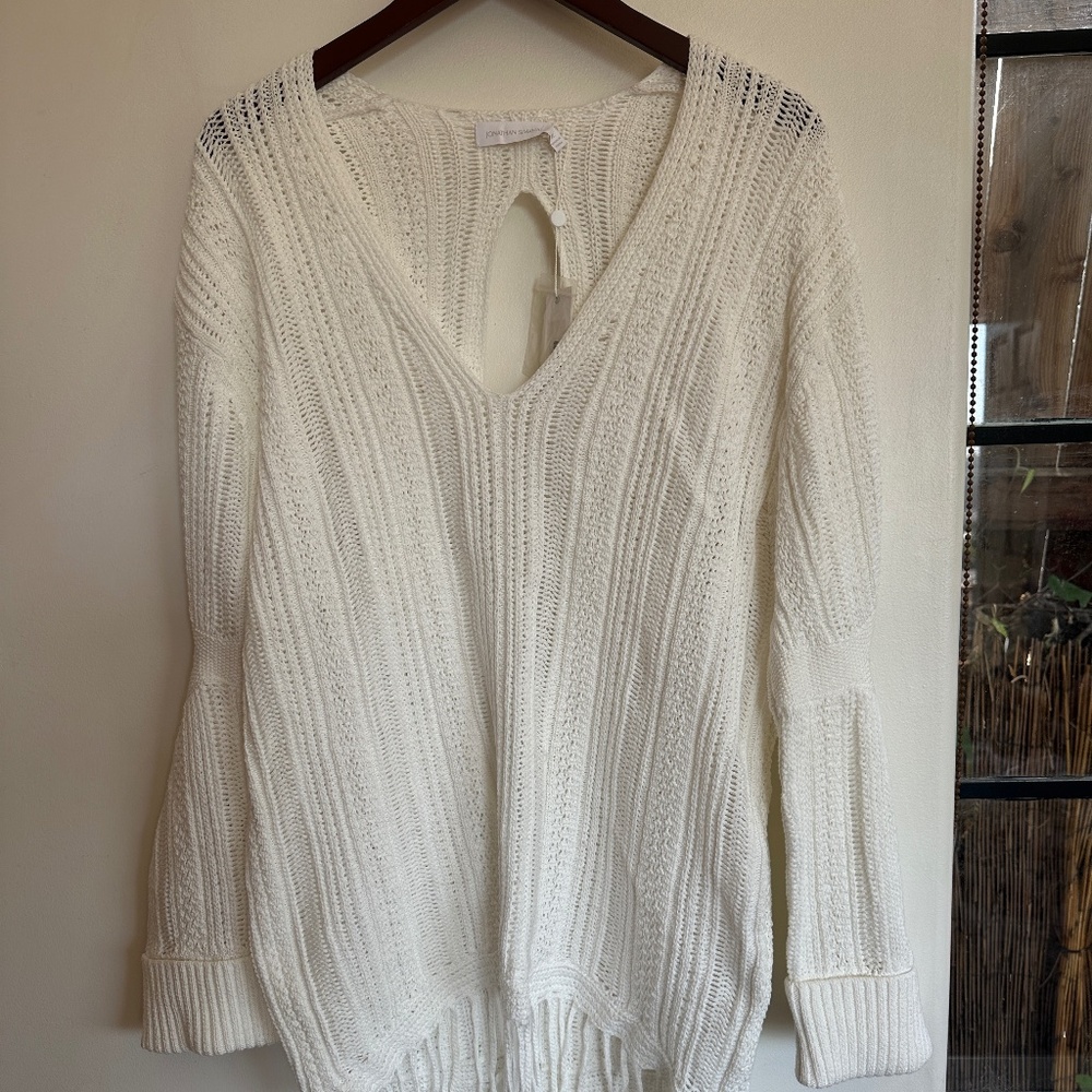 Jonathan Simkhai White cotton crochet open back sweater with knit fringe size XL